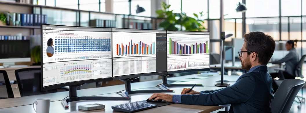 An office professional analyzing data on multiple monitors, utilizing cloud-based proposal software for efficient project management.